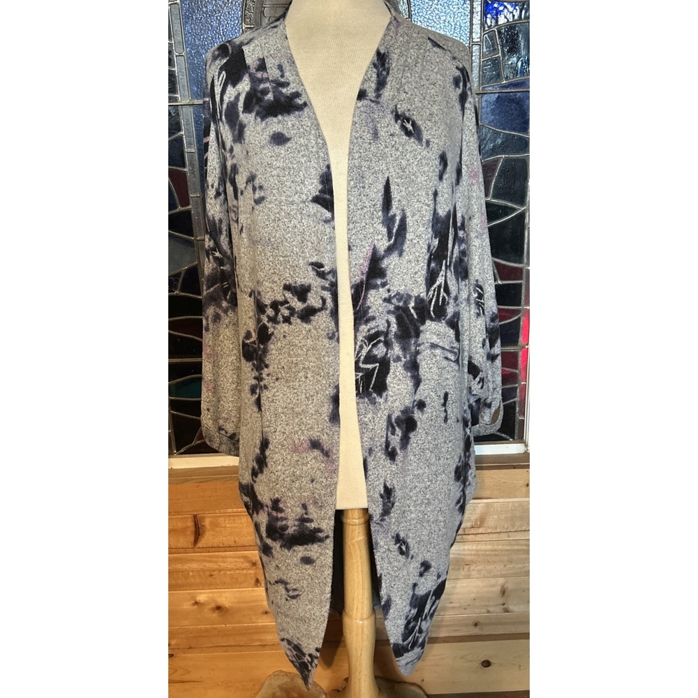 Jodifl Open Duster Sweater Cardigan Tie Dye Effect  Large Gray & Dk Purple